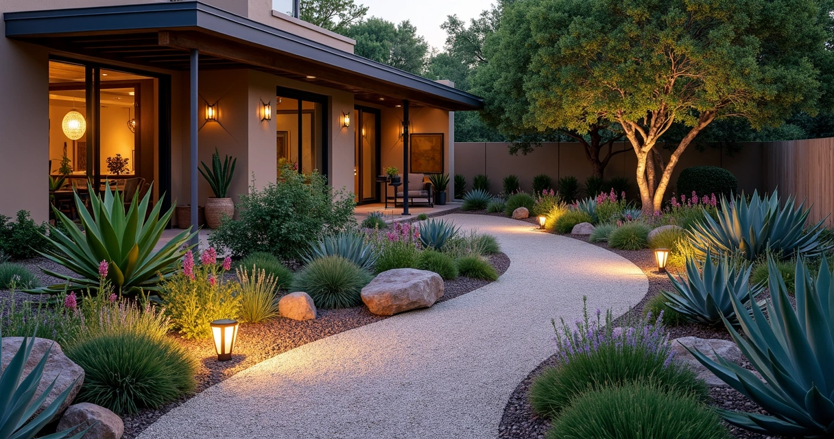 Stylish xeriscape path with native plants and evening lighting 