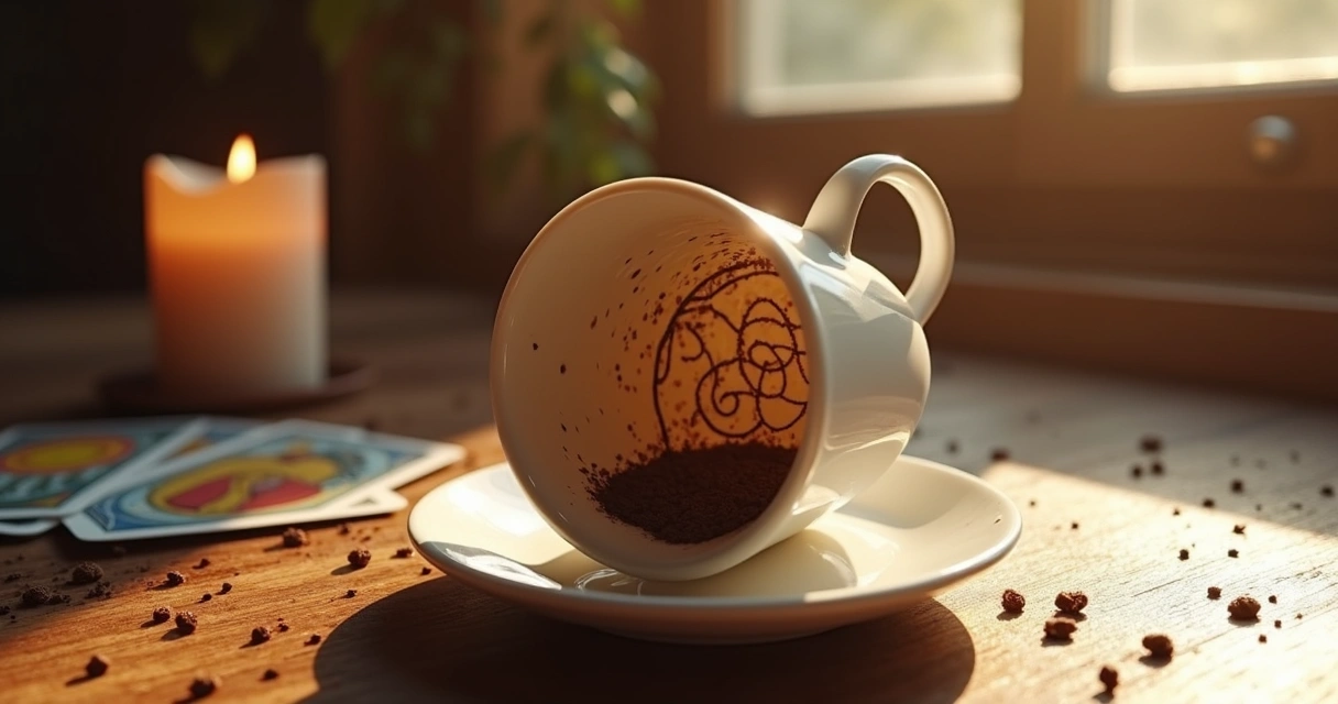 Xícara branca com borra de café formando desenhos no fundo 