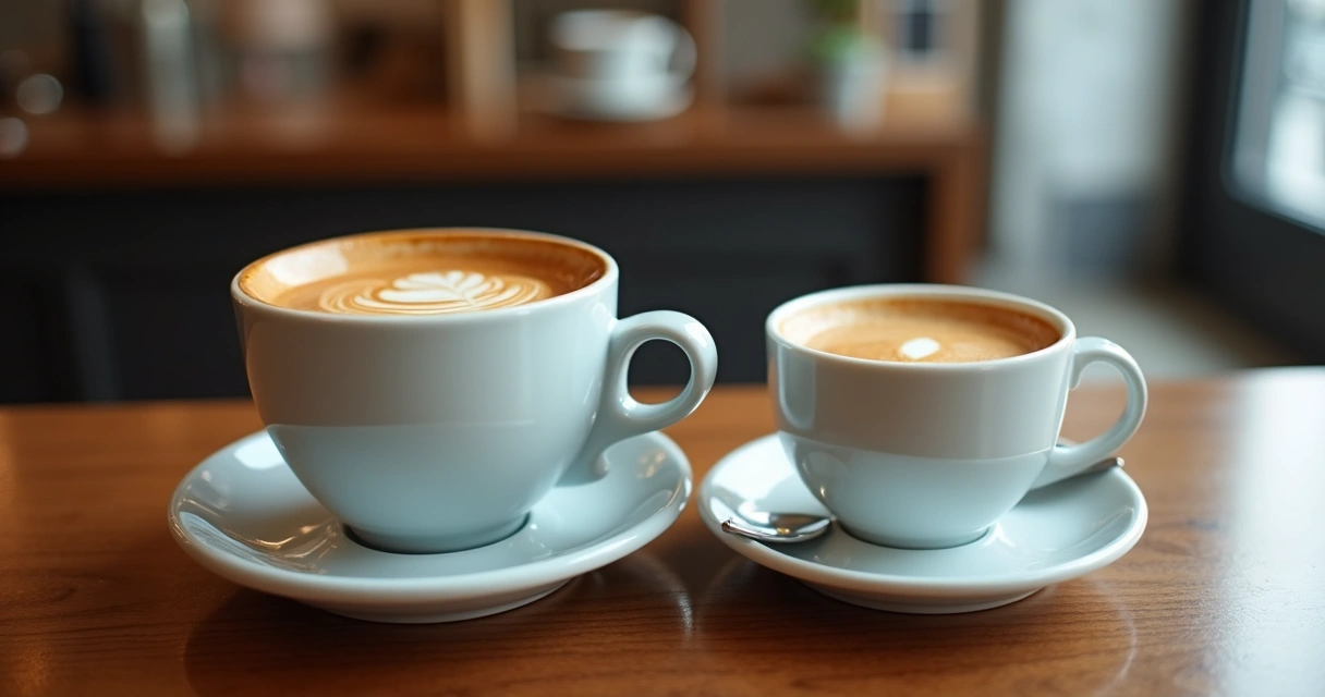 Xícaras de espresso americano e carioca lado a lado sobre balcão de cafeteria 