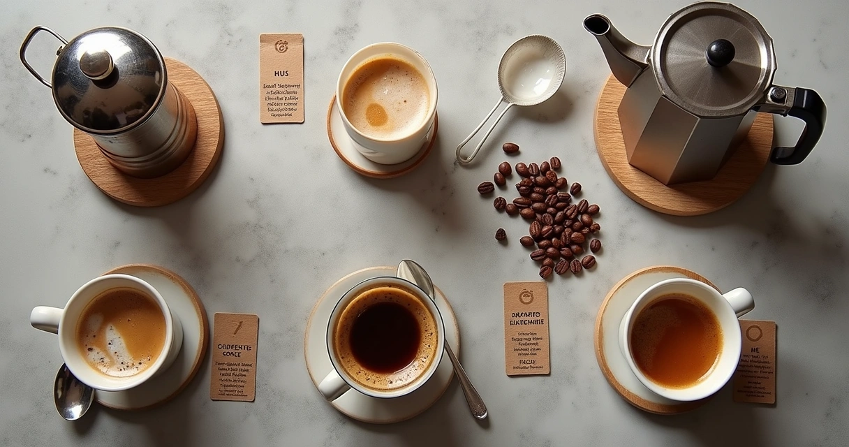 Xícaras de café descafeinado em diferentes métodos de preparo 