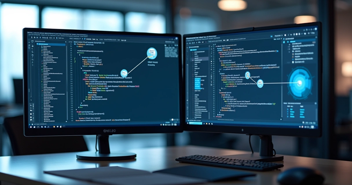 Painel de computador exibindo códigos em XML e JSON lado a lado, gráficos de integração de sistemas e ícones de nota fiscal 