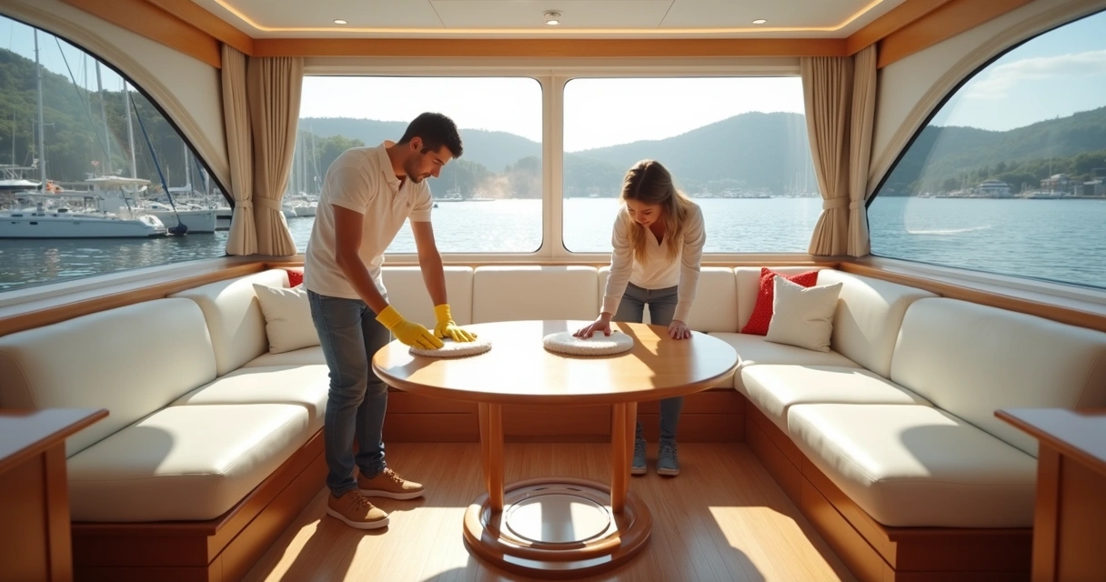 Elegant yacht interior being cleaned and inspected