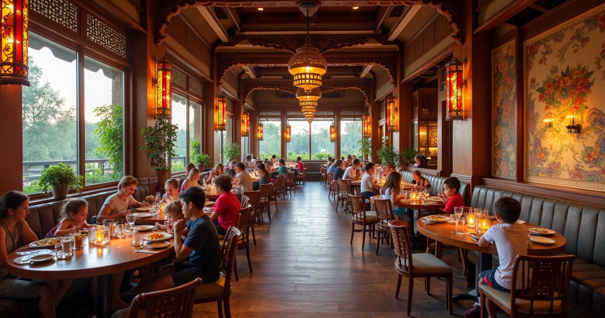 Interior temático do restaurante Yak & Yeti com decoração asiática 