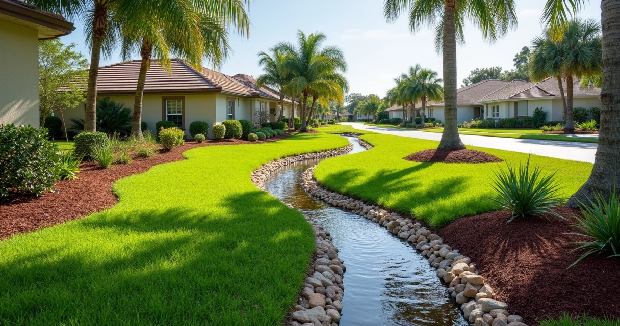 Grassy swale and stone creek bed in residential Orlando yard 