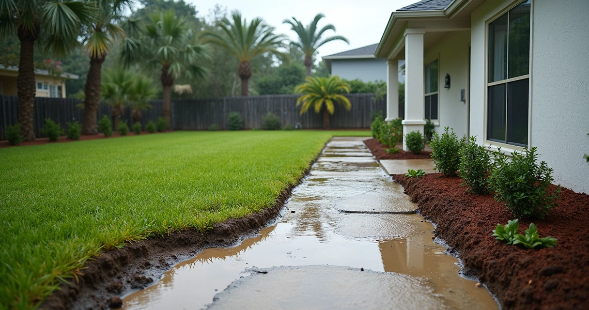 Water pooling in newly built yard after rain, Orlando 
