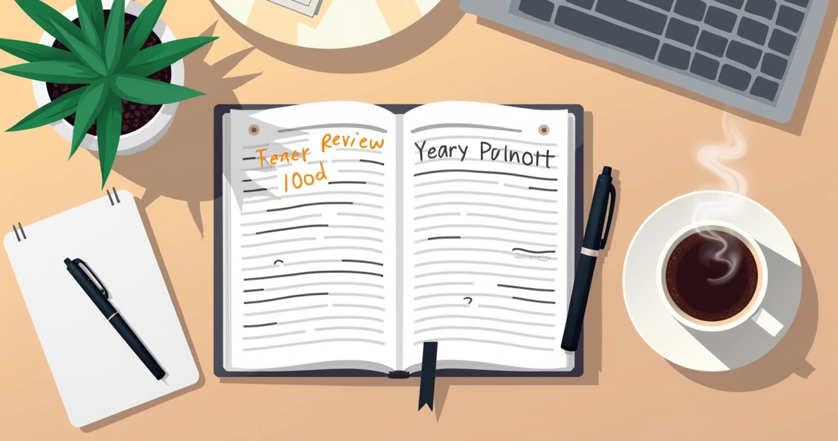 Yearly reflection journal on desk with pen, coffee mug, and written prompts 