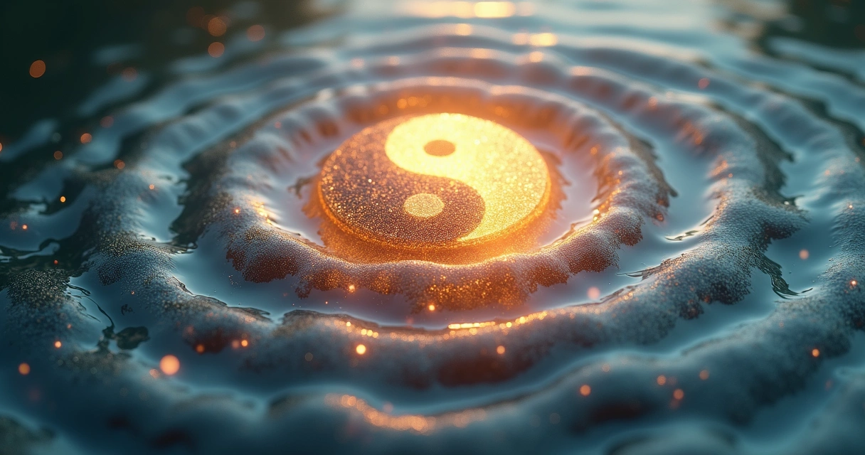 Símbolo yin yang no centro de um círculo energético com tons preto e branco, fundo suave de natureza 