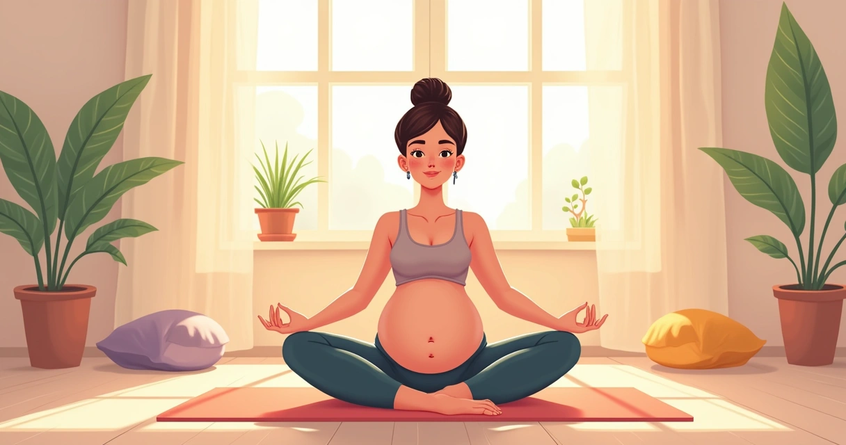 Gestante praticando postura de yoga no tapete em ambiente iluminado 