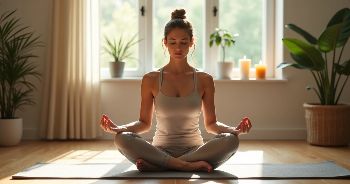 Pessoa meditando em casa, luz natural ao fundo 