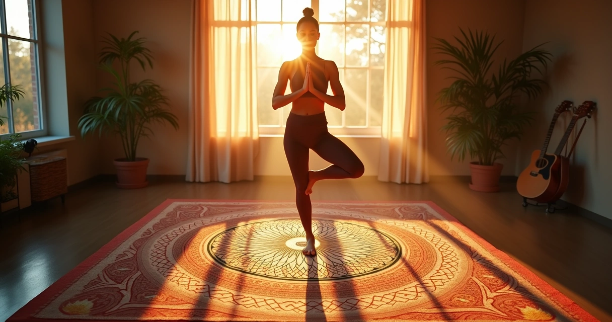 Person practicing yoga on sacred geometry mat, sunrise window 
