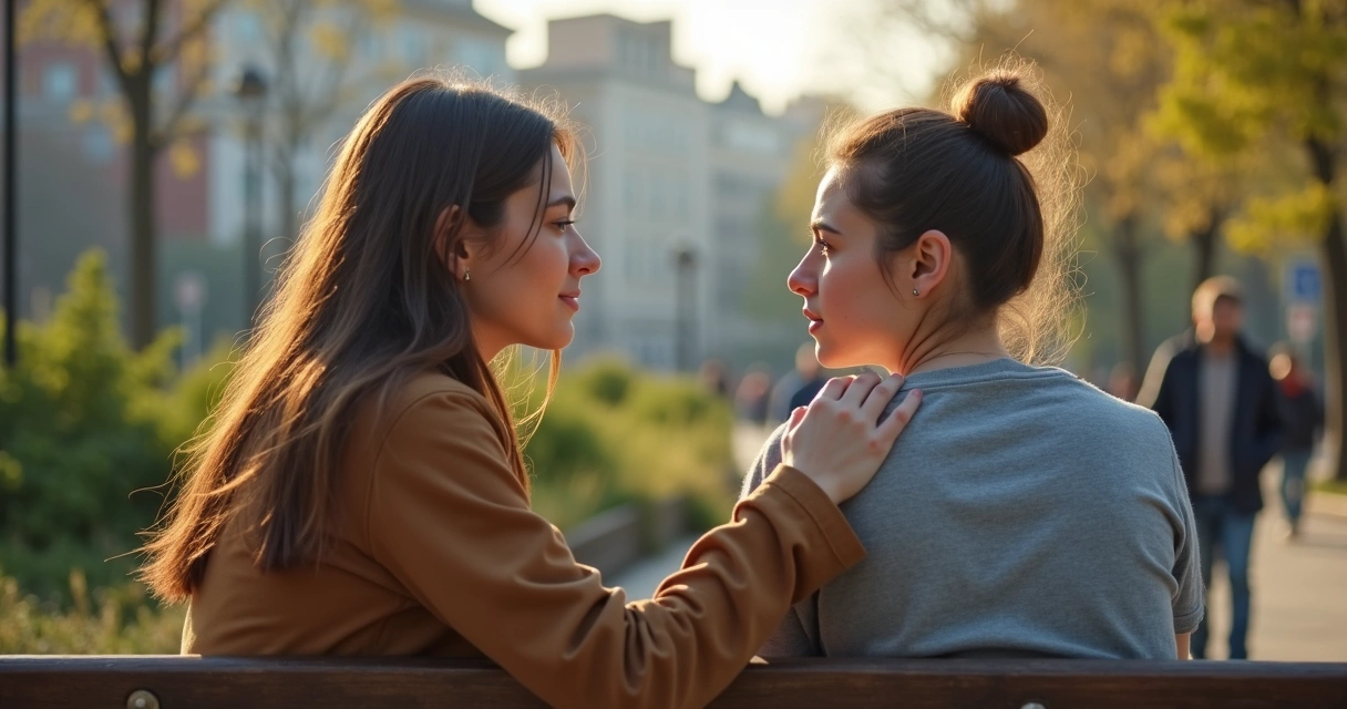 Young adult calming a friend in a stressful situation