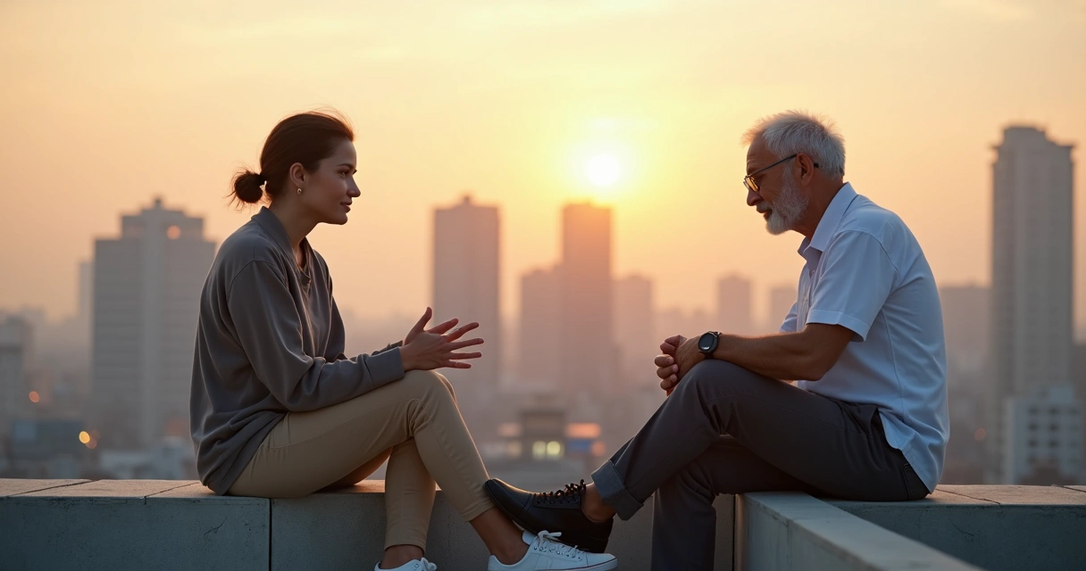 Young adult talking with older mentor on city rooftop at sunset 