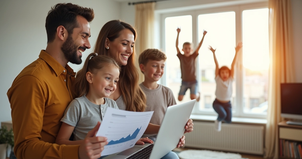 Young family celebrating financial milestone at home