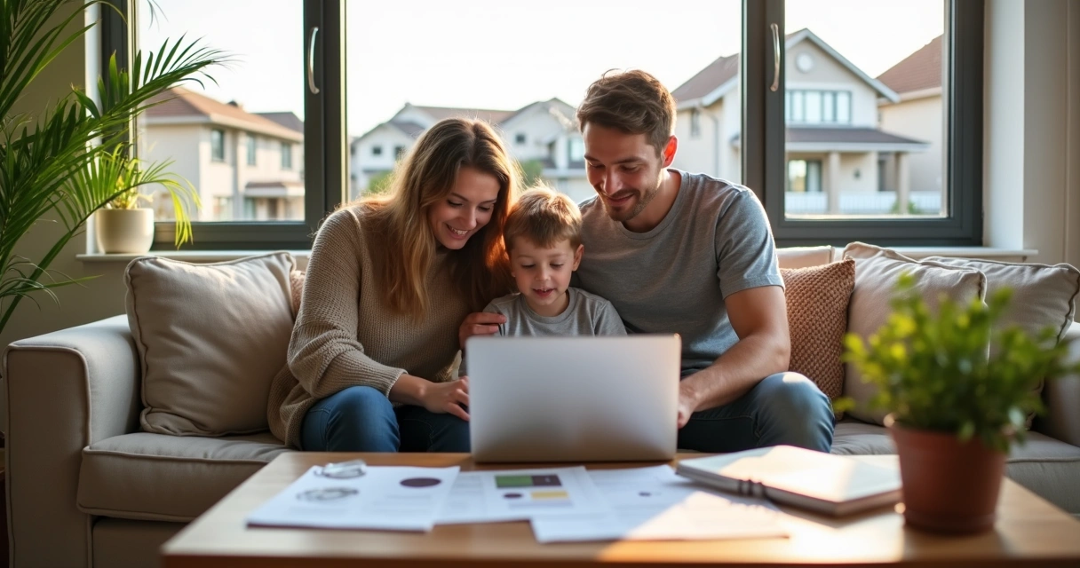 Young family discussing home options in a bright living room with laptop and paperwork 