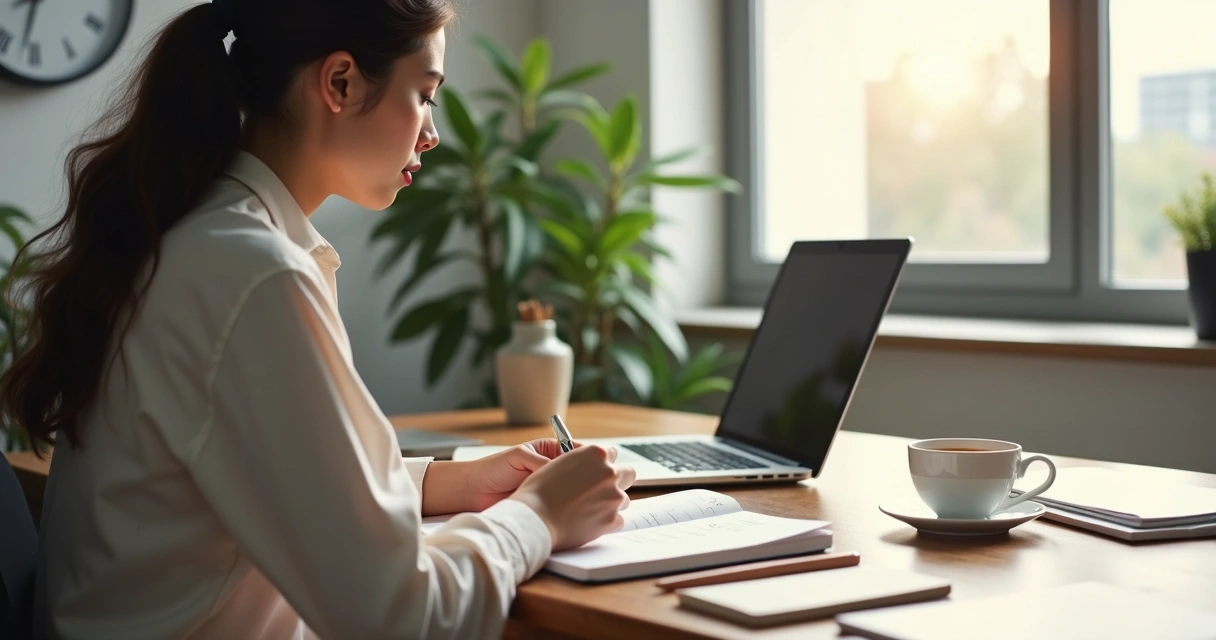 Young professional writing morning goals at a desk