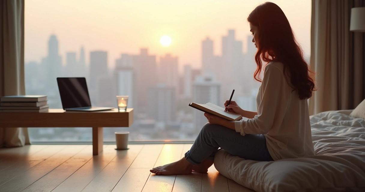 Young professional journaling beside window at sunrise with city in background 