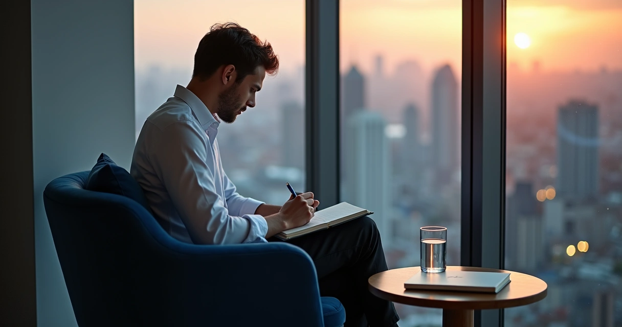 Young professional sitting by window journaling beside layered city reflections 