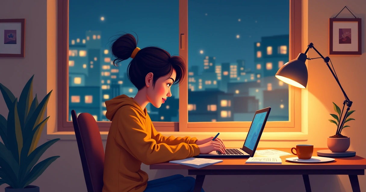 Young professional working on a side project at night