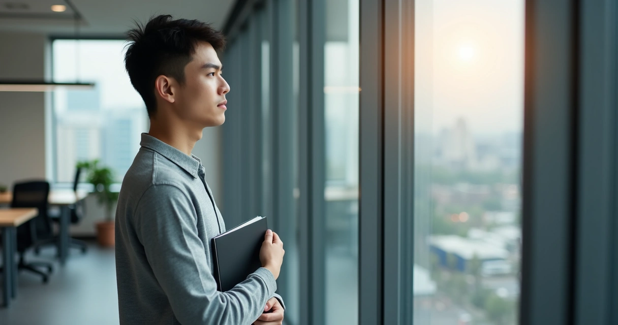 Young professional pausing by office window in quiet reflection