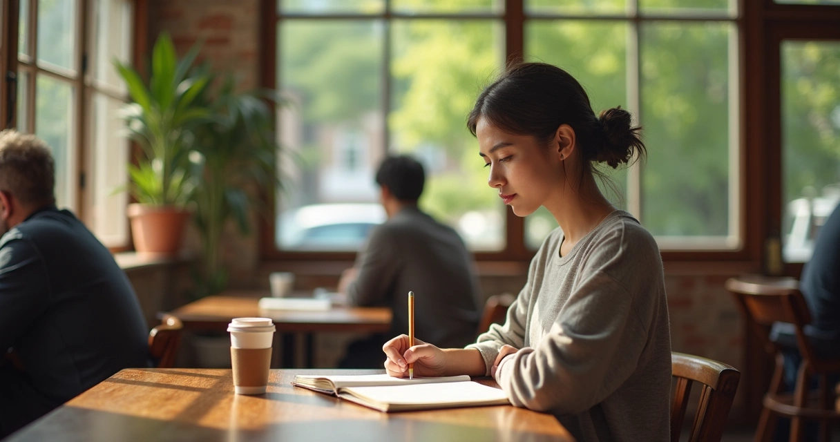 Young woman writing in a journal in a cozy cafe