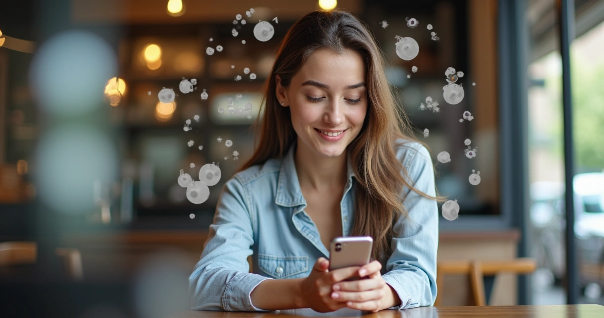 Young woman with phone scrolling social feed