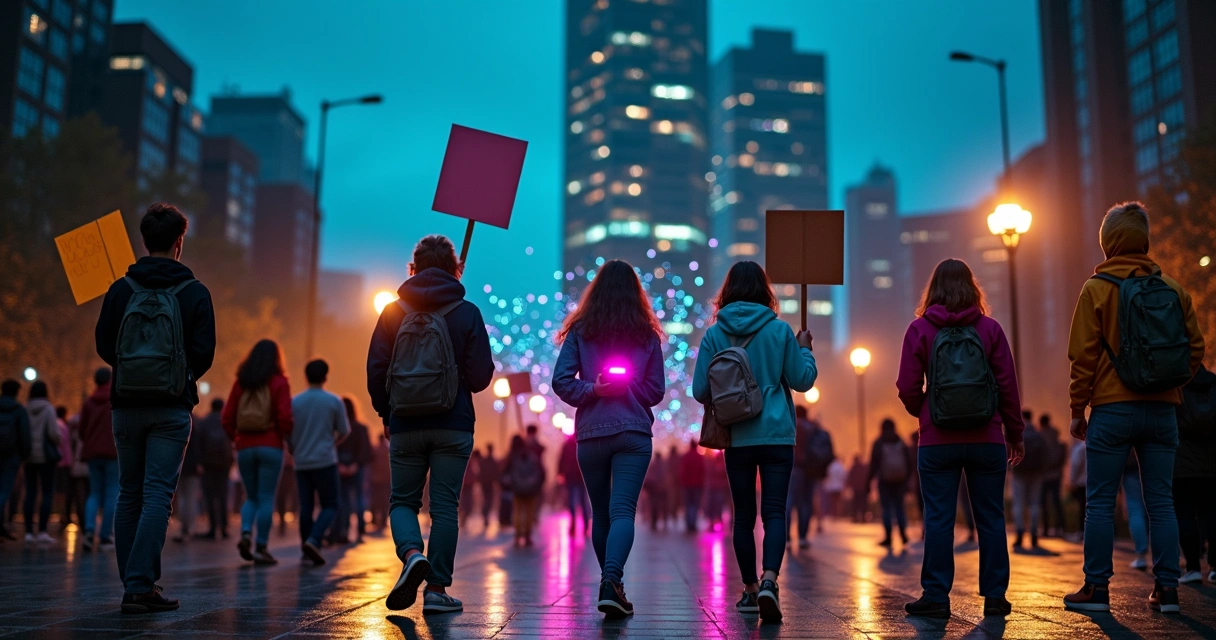 Group of young activists at night protest with colorful light waves connecting them 