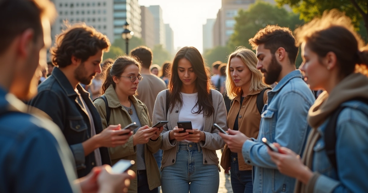 Young people checking activist messages on phones in a public square 