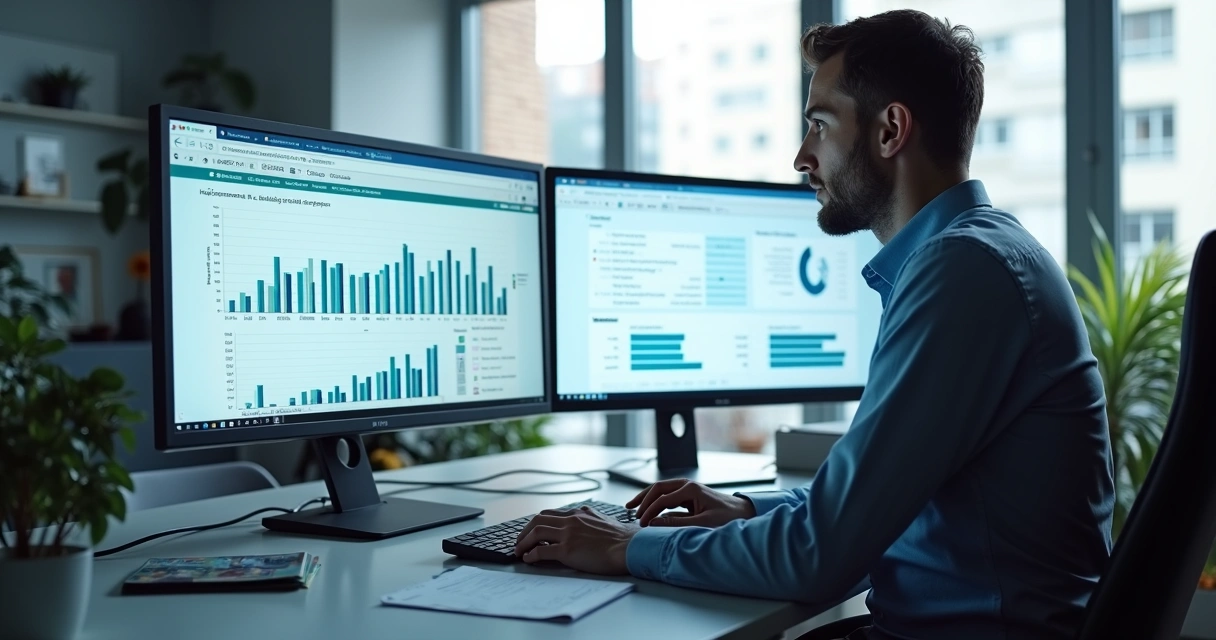 Analista examinando gráficos de dados de anúncios do YouTube em duas telas grandes 