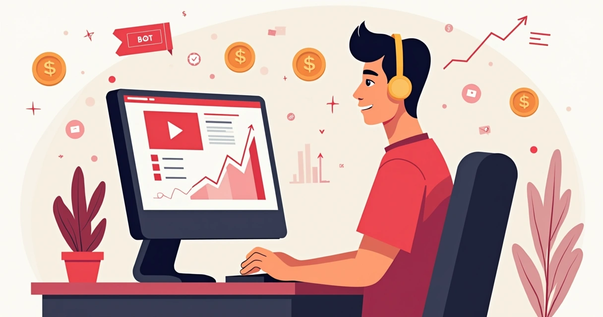 Youtuber analisando gráfico de anúncios ao lado de computador e dinheiro 