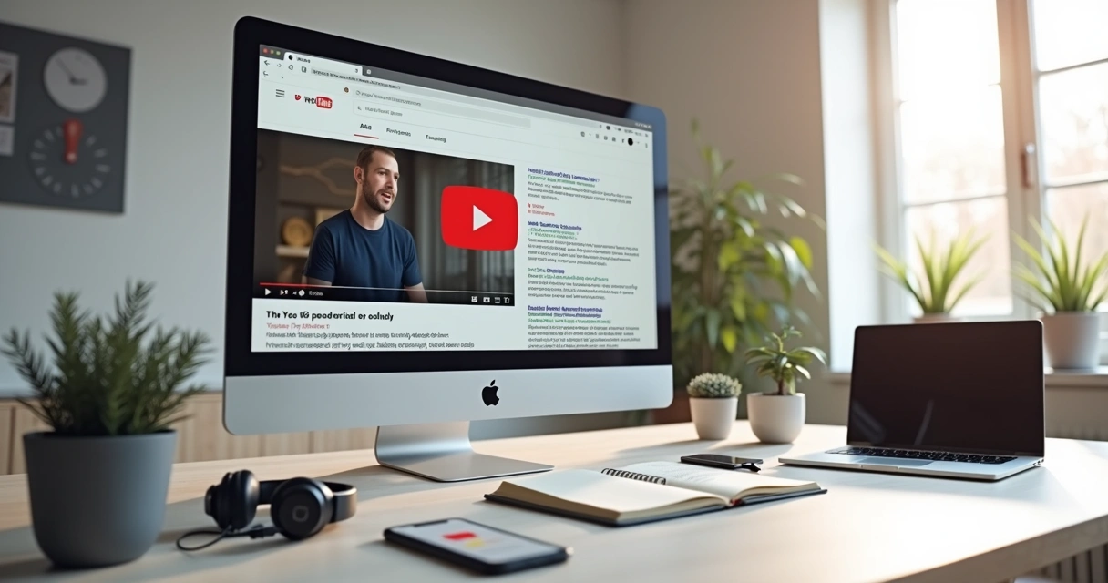 Tela de computador exibindo vídeo do YouTube sendo convertido em artigo de blog com gráficos de SEO 