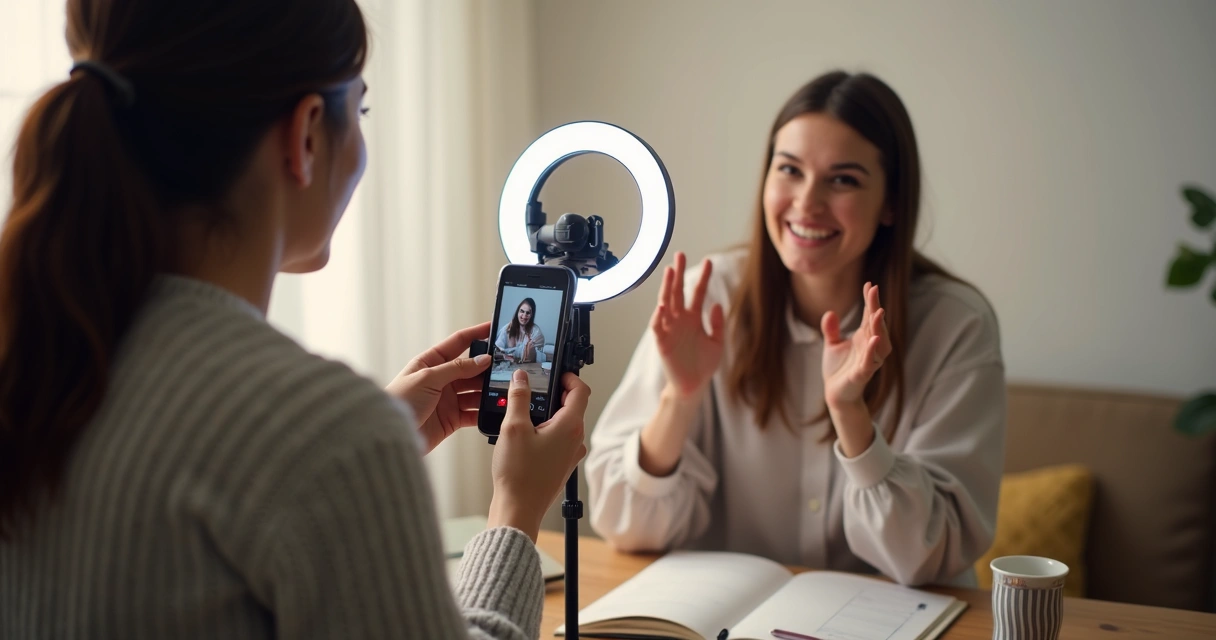 Mulher gravando vídeo com celular em mini estúdio caseiro