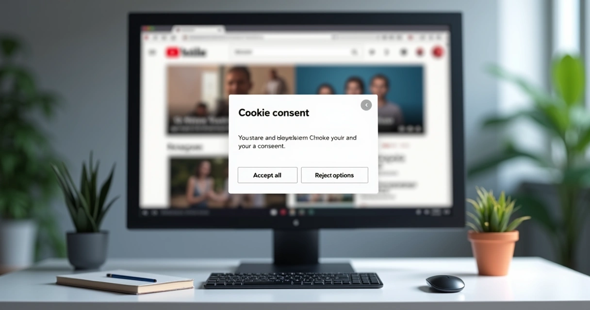 Tela de computador exibindo o YouTube com pop-up de consentimento de cookies em destaque 