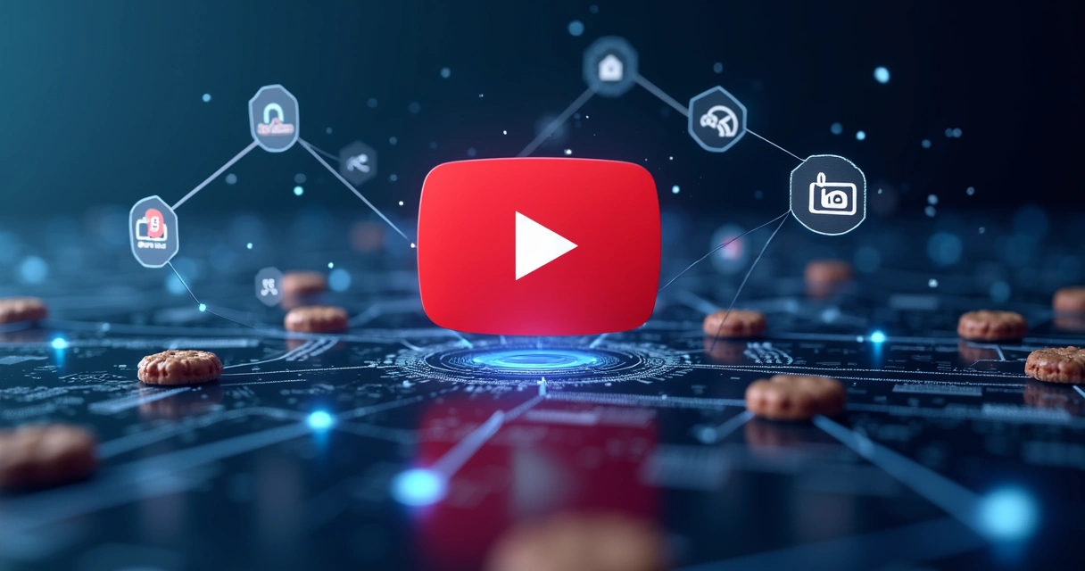 Representação gráfica de cookies digitais conectados a símbolos do YouTube e dados digitais em segundo plano. 