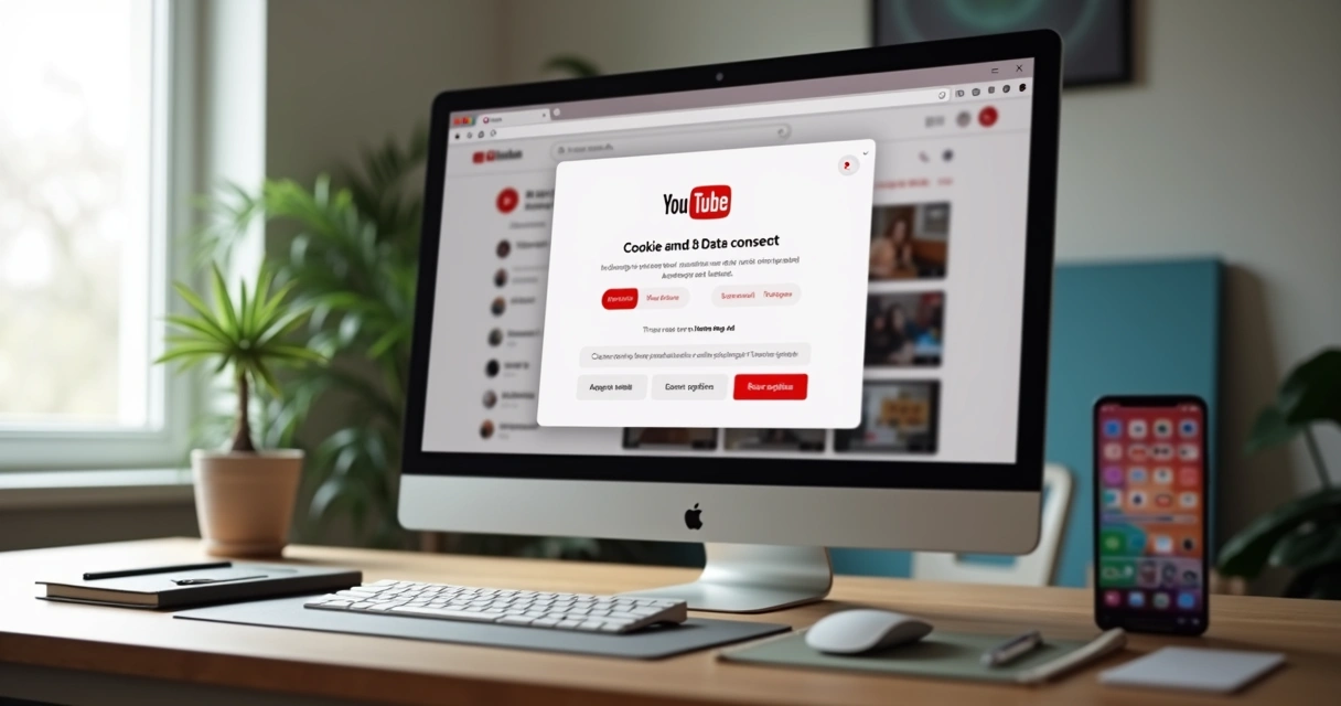 Tela de computador exibindo aviso de cookies e dados do YouTube 