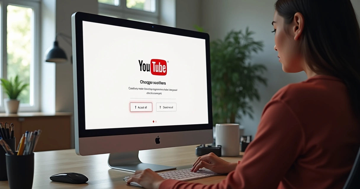 Aviso de cookies apresentado pelo YouTube, com as opções de aceitar todos, recusar todos e mais opções, exibido em uma tela de computador 