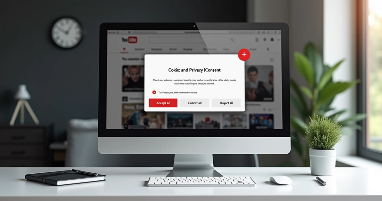 Tela do YouTube com aviso de cookies e opções de privacidade 
