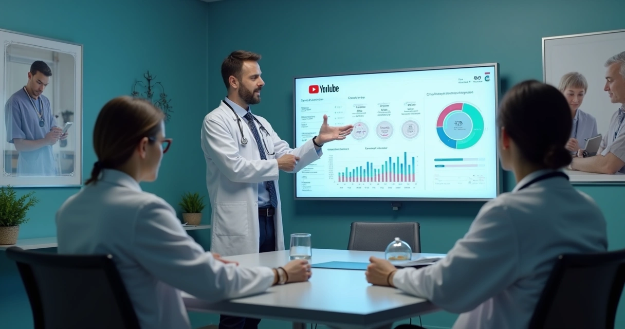 Profissional de marketing explicando dados e privacidade no YouTube para médicos em uma clínica 