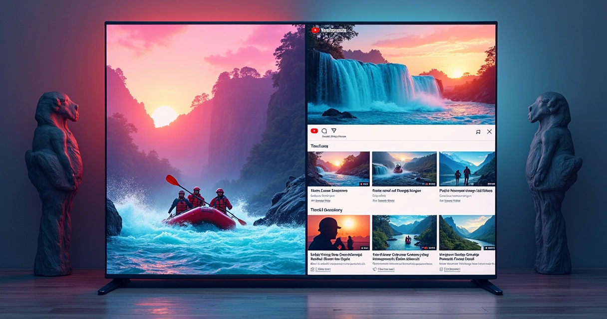 Divisão da tela com elementos do Instagram e YouTube voltados para turismo de aventura 