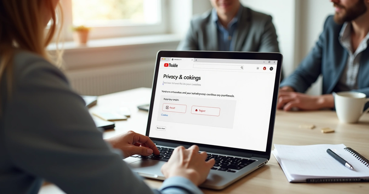 Configuração de privacidade do YouTube na tela de um notebook, com opções de aceitar ou rejeitar cookies. 
