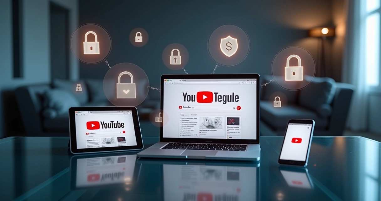 Dispositivos com tela do YouTube e ícones de cadeado 