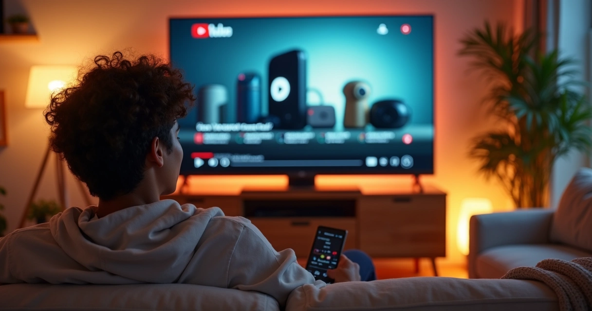 Jovem assistindo vídeos do YouTube em TV conectada na sala, com produtos destacados na tela 