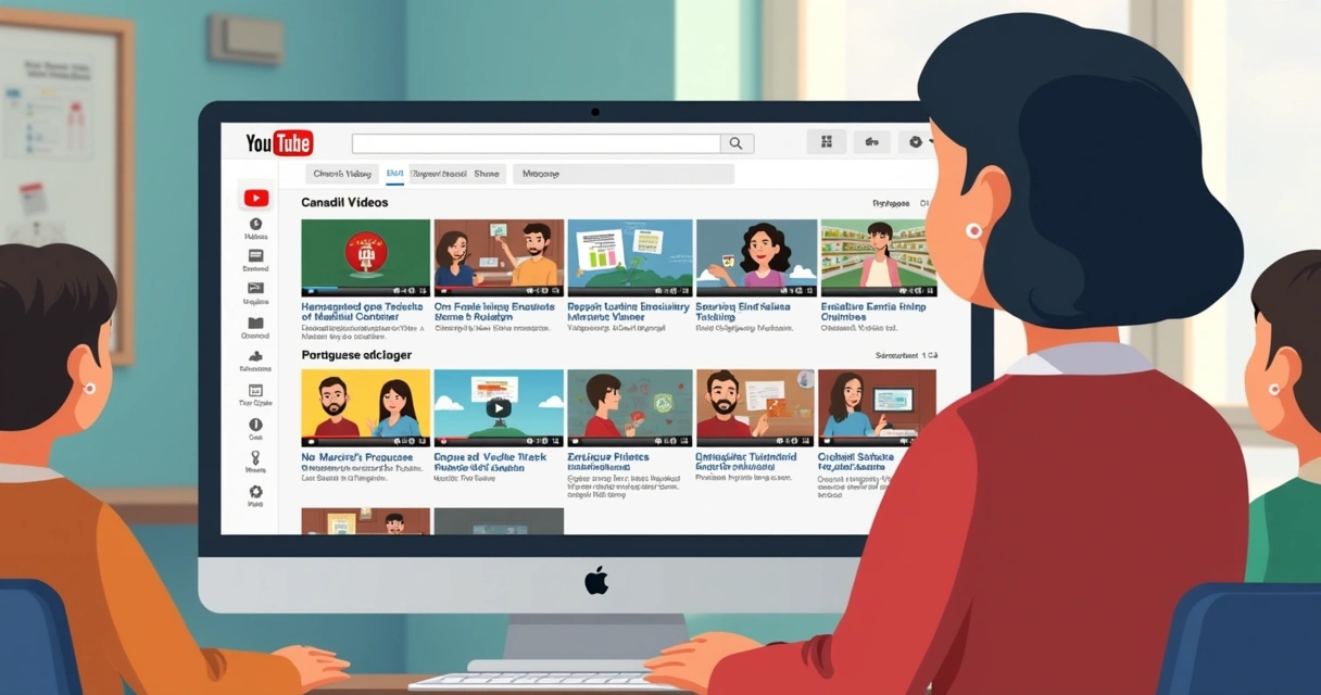 Tela de computador mostrando sugestões de vídeos no YouTube sobre ensino de português 