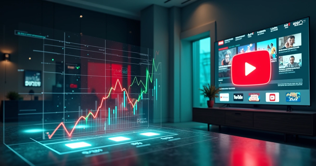 Tela dividida mostrando gráfico de crescimento do YouTube acima de grandes estúdios de mídia 