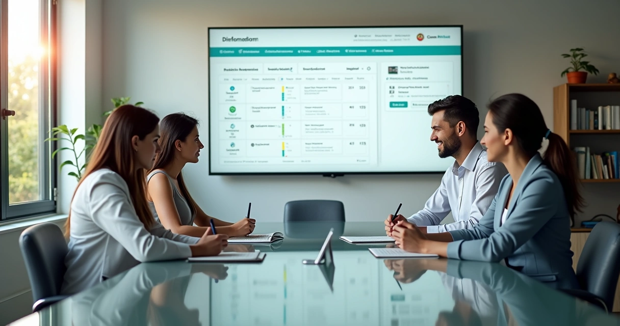Equipe em sala de reunião negociando cobrança com cliente usando painel digital 
