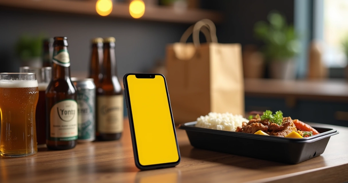 Tela do app Zé Delivery em smartphone ao lado de marmita e bebidas sobre mesa 
