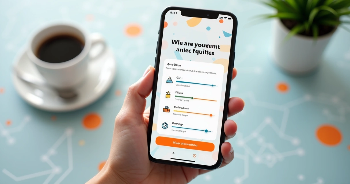 Mão segurando celular mostrando formulário simples de preferências, tela clara, fundo moderno. 