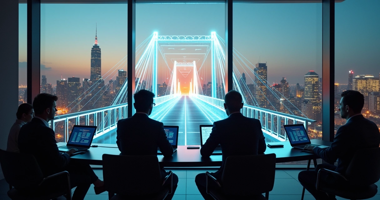 Non-technical leaders in boardroom overlooking digital bridge representing zero trust access 