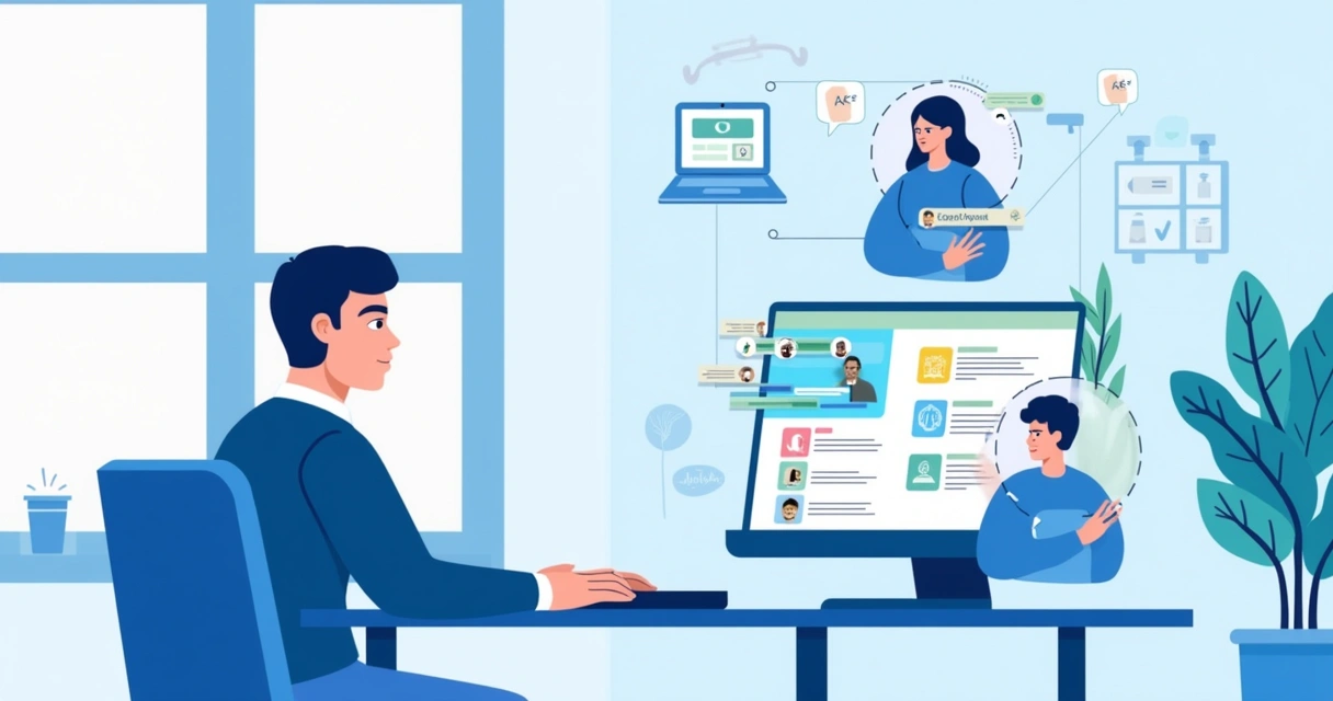 Ilustração de ZTNA com computador, segurança conferindo acessos e avatares no ambiente de trabalho remoto.