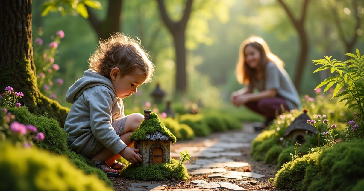 Child looking at a faerie house hidden on a wooded garden trail