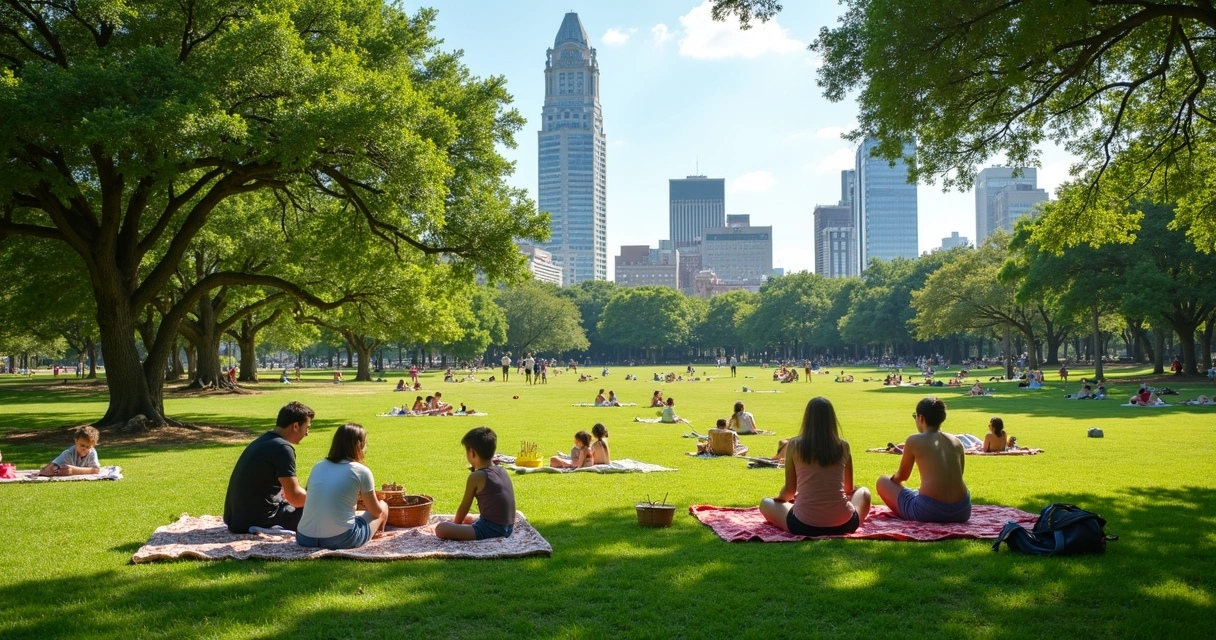 Family picnicking on a grassy area at Zilker Park with the Austin skyline in the background